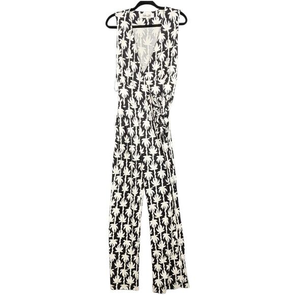 Diane Von Furstenberg Terria Silk Palm-print Wide Leg Jumpuit Womens 4 Black - Picture 1 of 14